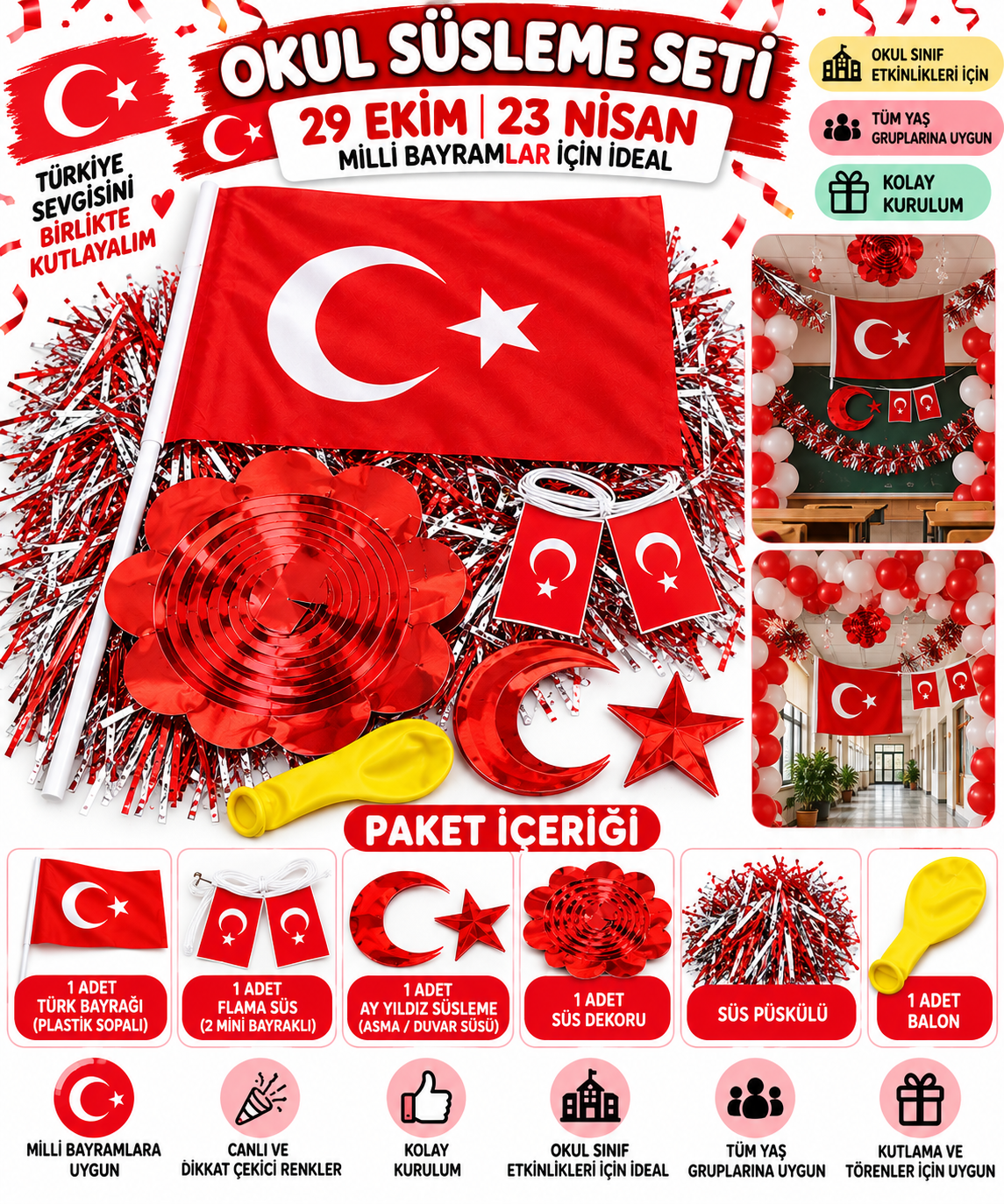 29 Ekim 23 Nisan Okul Süsleme Seti – Türk Bayraklı, Ay Yıldızlı, Püsküllü Milli Bayram Dekorasyon Seti
